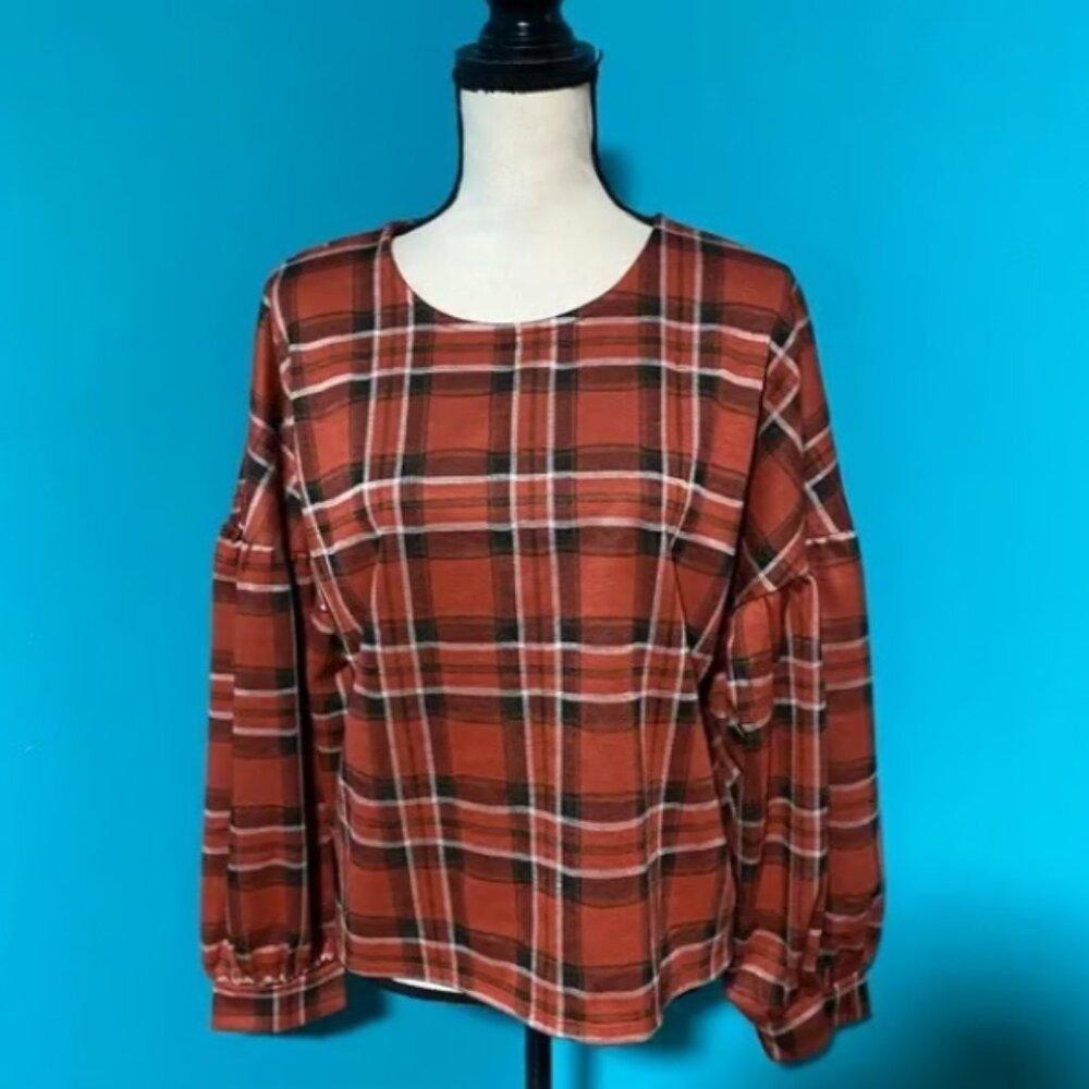NWT Versona L Orange Plaid Long Puff Sleeve Boxy Sweater Top